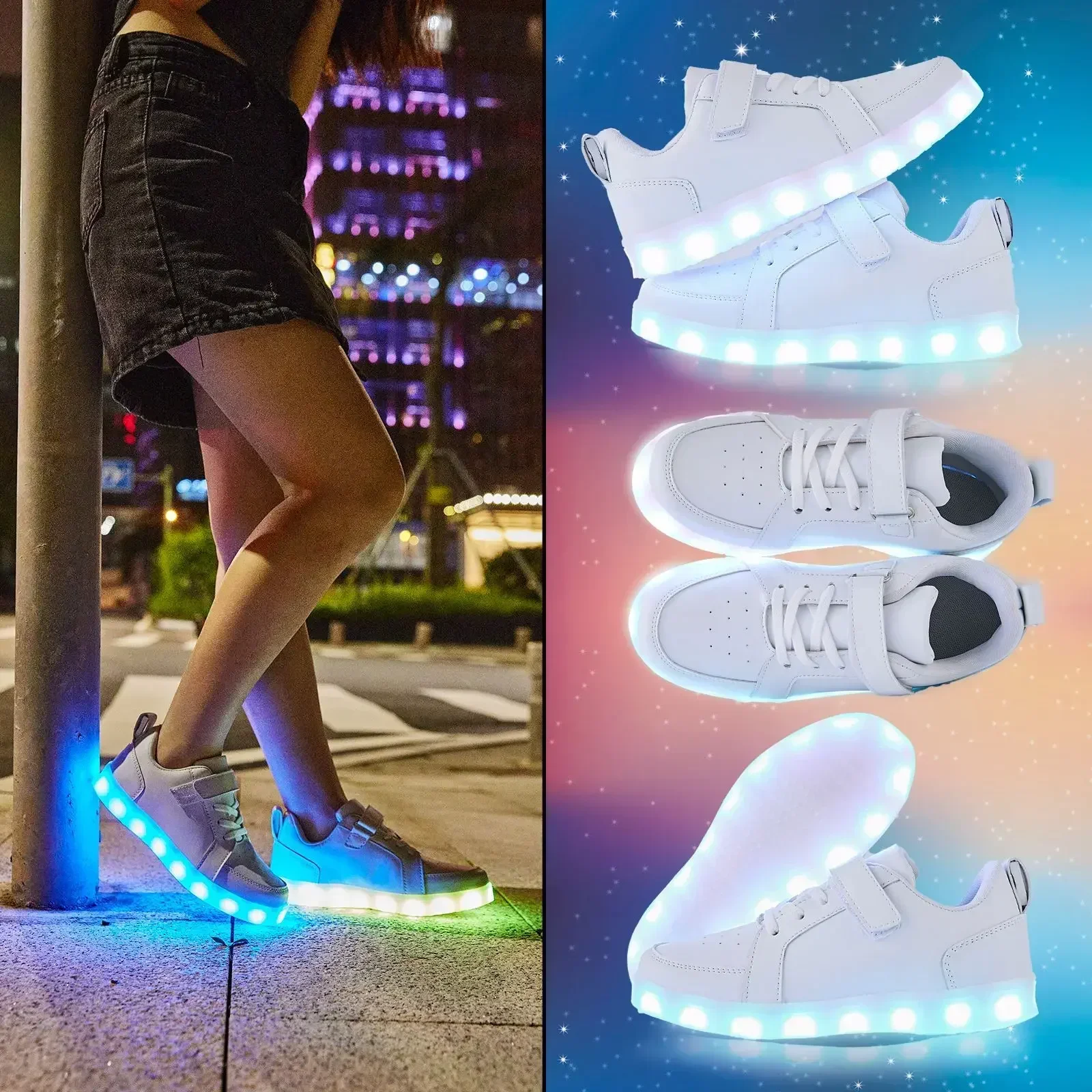 Children Sport Shoes LED Luminous Shoes Leather Flat Board Shoe USB Charging Light Up Sneakers Boys Girls New Casual Footwear