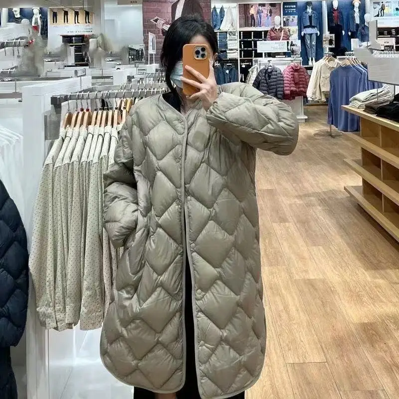 

2026 New Women Ultralight White Duck Down Long Jacket Argyle V-neck Collar Casual Autumn Winter Outwear Coat Fashion