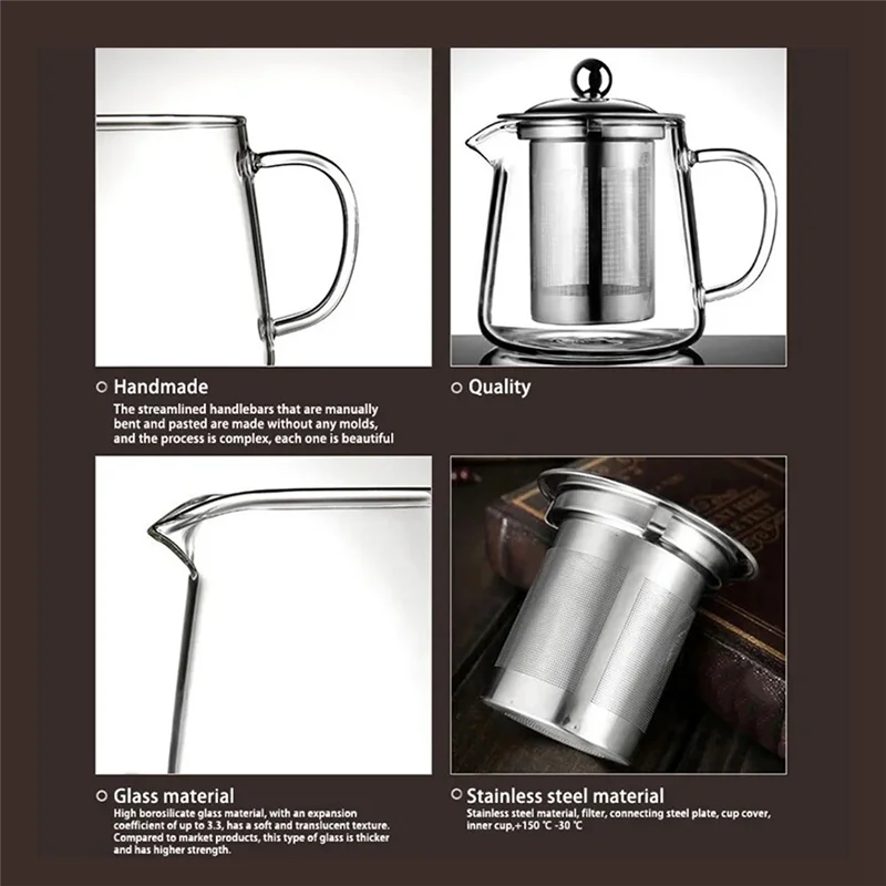 إبريق شاي زجاجي شفاف من HGHO، بما في ذلك بطانة فلتر من الفولاذ المقاوم للصدأ، مقاوم لدرجات الحرارة العالية، ومناسب لصنع الشاي