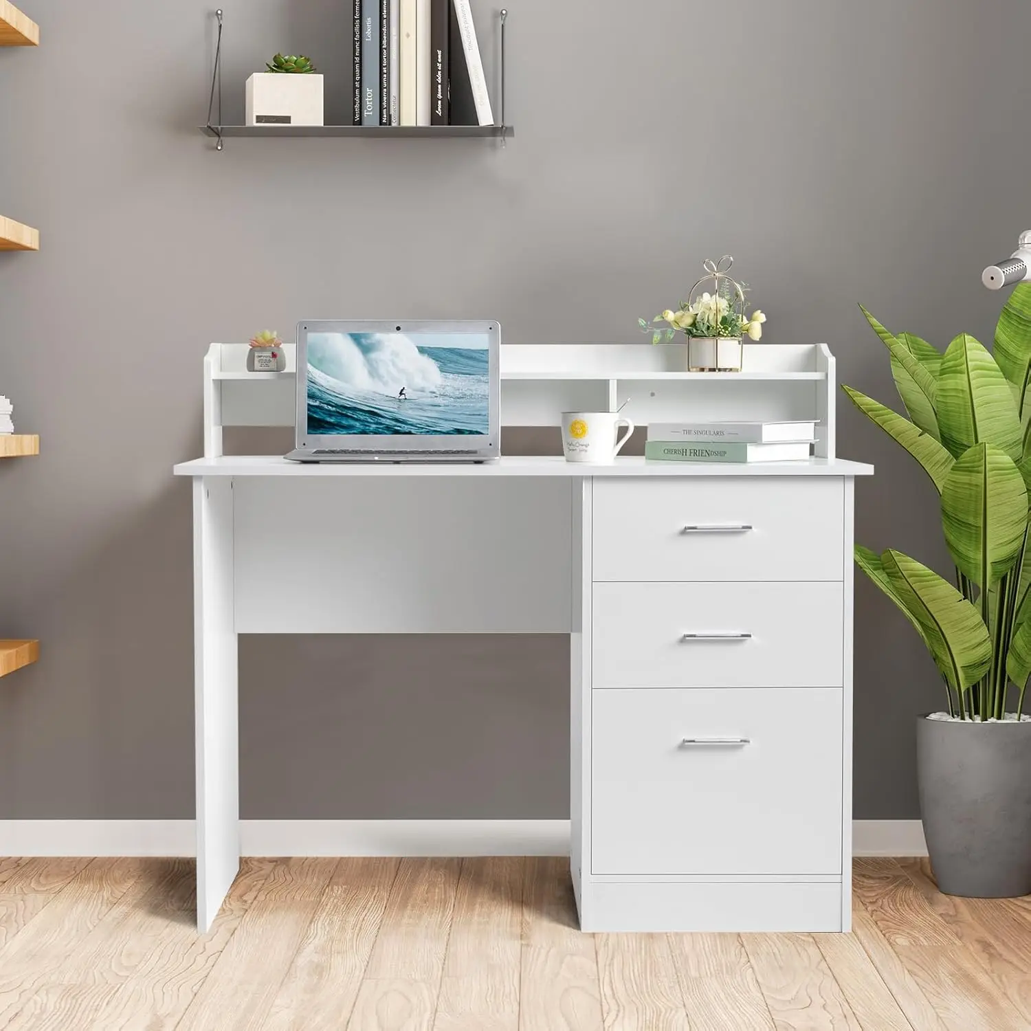 Karl Home White Computer Desk with Drawers & Hutch, Modern Desk with Storage for Kids and Teens, Small Table for Work and Gaming