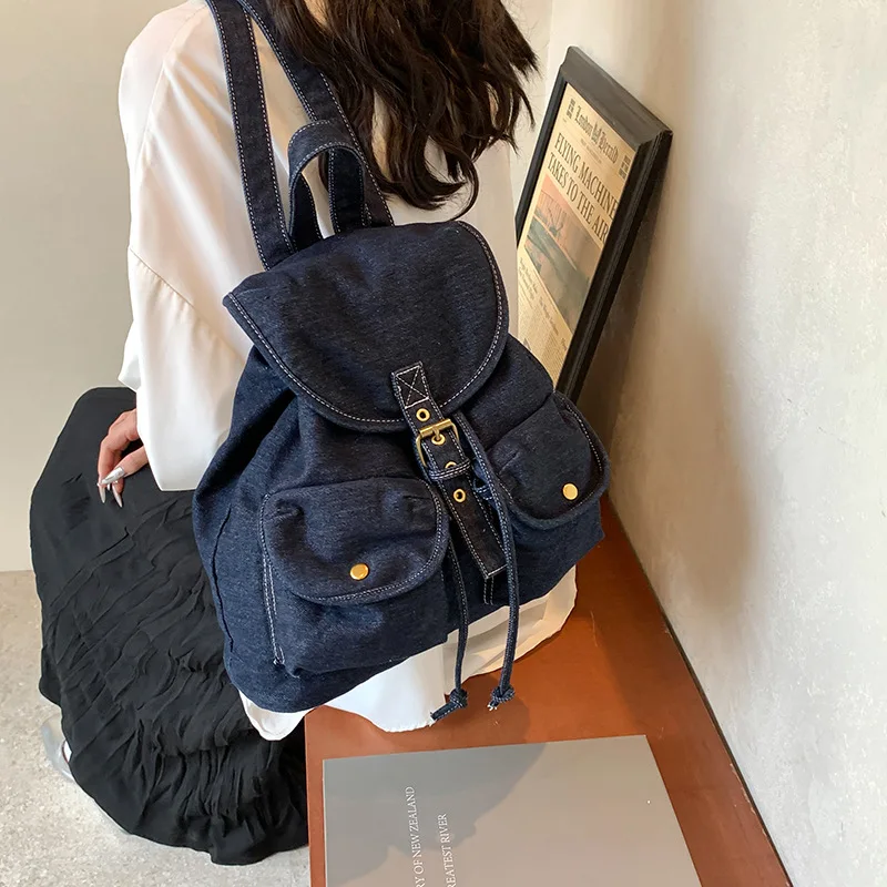 Leisure Denim Drawstring Backpack Korean Small Daypack Canvas Fashion Female Handbag Travel Bagpack Rucksack School Bags 2024