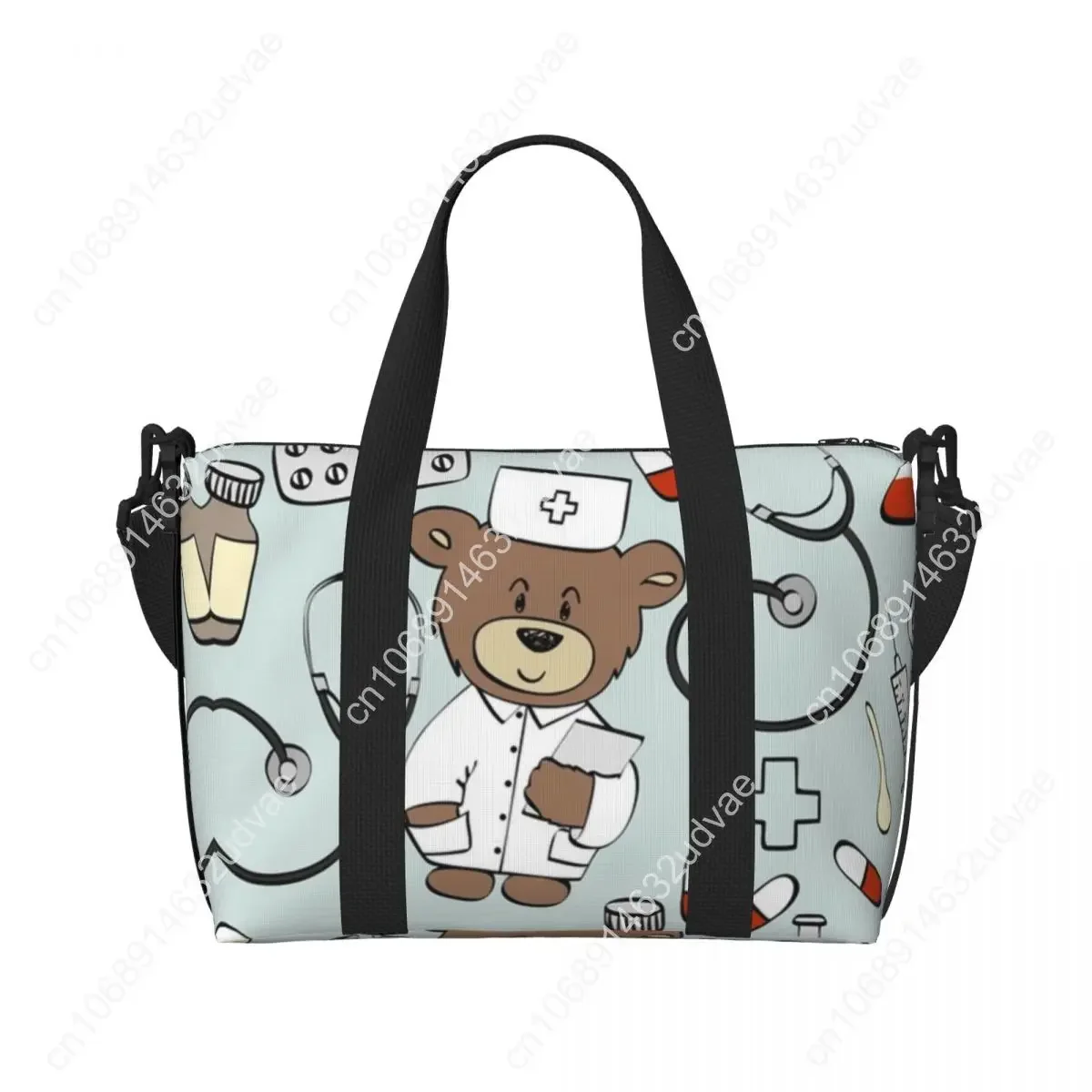 Custom Nurse Pattern With Bear Beach Tote Bag Women Health Care Nursing Large Compartment Beach Gym Travel Bags