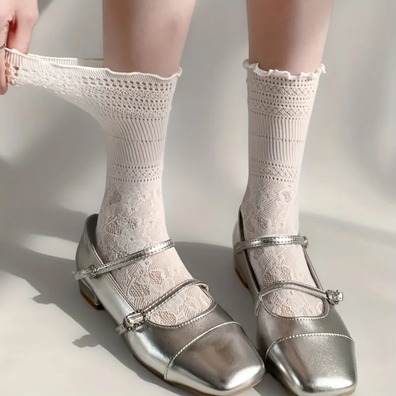 1/3 Paar hohle Netzsocken für Damen, niedliche japanische lange Socken im JK-Stil, ultradünne Sommer-Rüschensocken, koreanische Harajuku-atmungsaktive Socken – Detail 6
