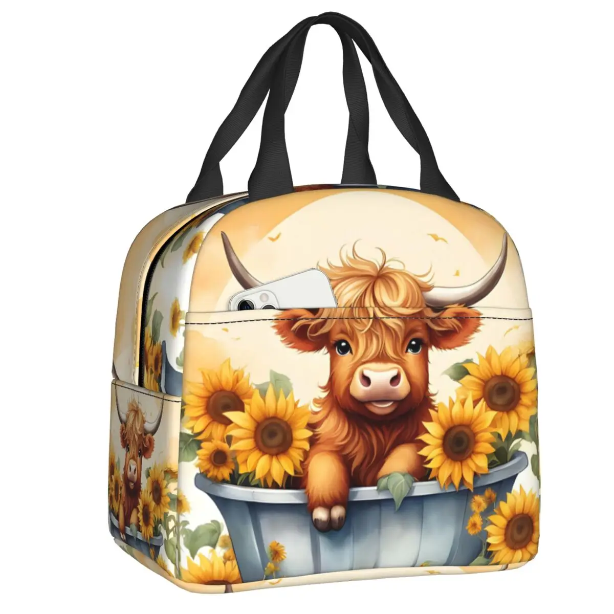 Custom Highland Cow And Flower Lunch Bag Men Women Thermal Cooler Insulated Lunch Box for School Work Food Picnic Tote Bags