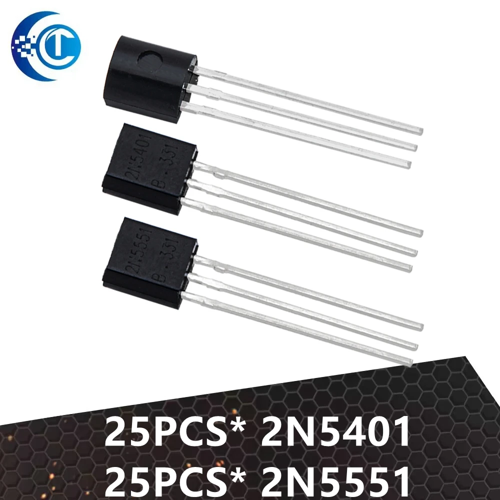 50pcs/lot DIP Transistors 2N5551 and 2N5401 in TO - 92 Package: 25PCS of 2N5401 + 25PCS of 2N5551