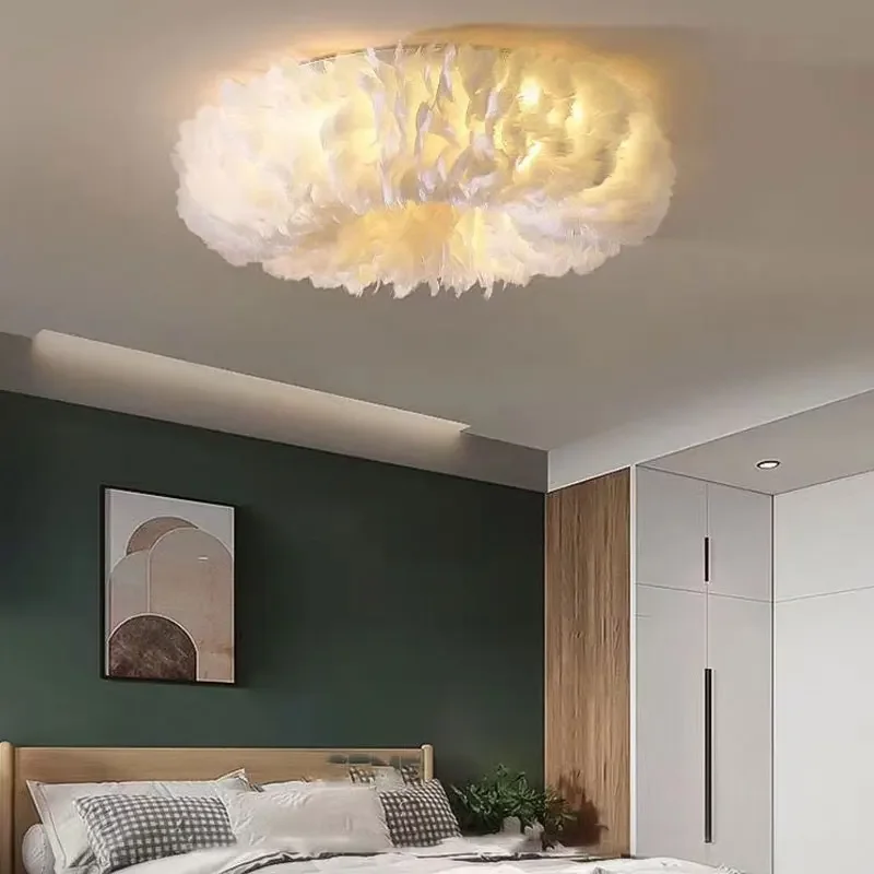 Nordic Bedroom Circular Feather Home Decor Chandelier Creative Ceiling Lamp Modern Simple Eye Protection Warmth Pendant Light