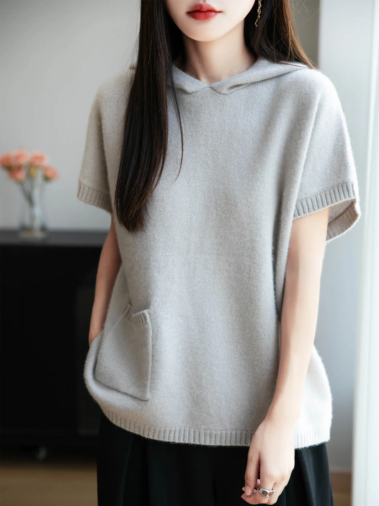 

00 Pure Wool Knitted ort Sve Hooded Vest Loose Women's Sweater Versatile Outerwear oulder Pad Daily Commute Sle
