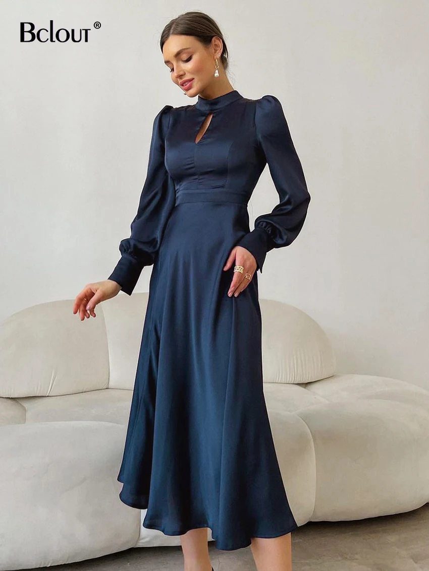 Bclout Autumn Navy Satin Dress Women Elegant Lantern Sleeve Slit Evening Dresses High Waist A-Line Pleated Party Midi Dress 2022