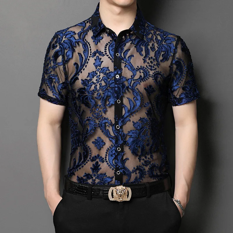Camisa transparente con bordado Floral verde para hombre, camisas de vestir sexis transparentes, blusa transparente de encaje para fiesta Social