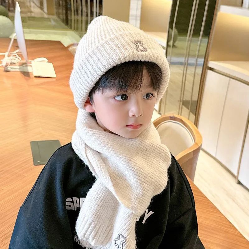 Letter Baby Hat Scarf Set Winter Korean Thick Warm Boy Girl Knit Pullover Hats Neck Cover Outdoor Kids Windproof Neckerchief