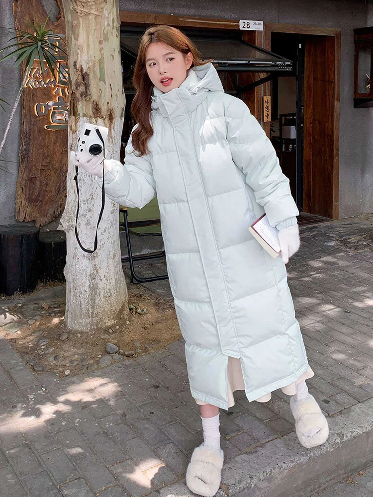 Winter Long Hooded Solid Down Jacket Women White Duck Down Waterproof Outwears Female Warm Thick Parker Knee Length Down Jacket