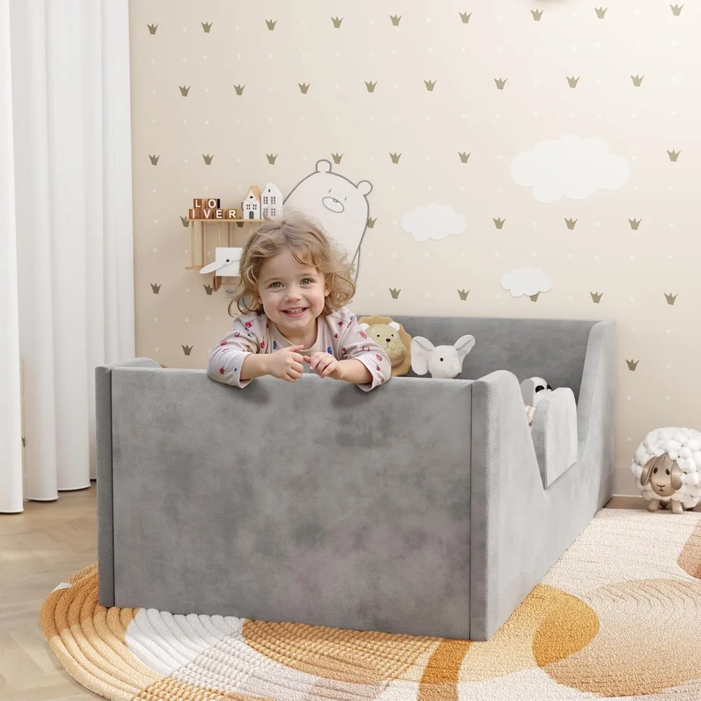 

Toddler Bed, Toddler Floor Bed Frame with Guard Rails, Small Bed for Kids Boys and Girls Aged 2-6 Years, Standard Crib Mattress