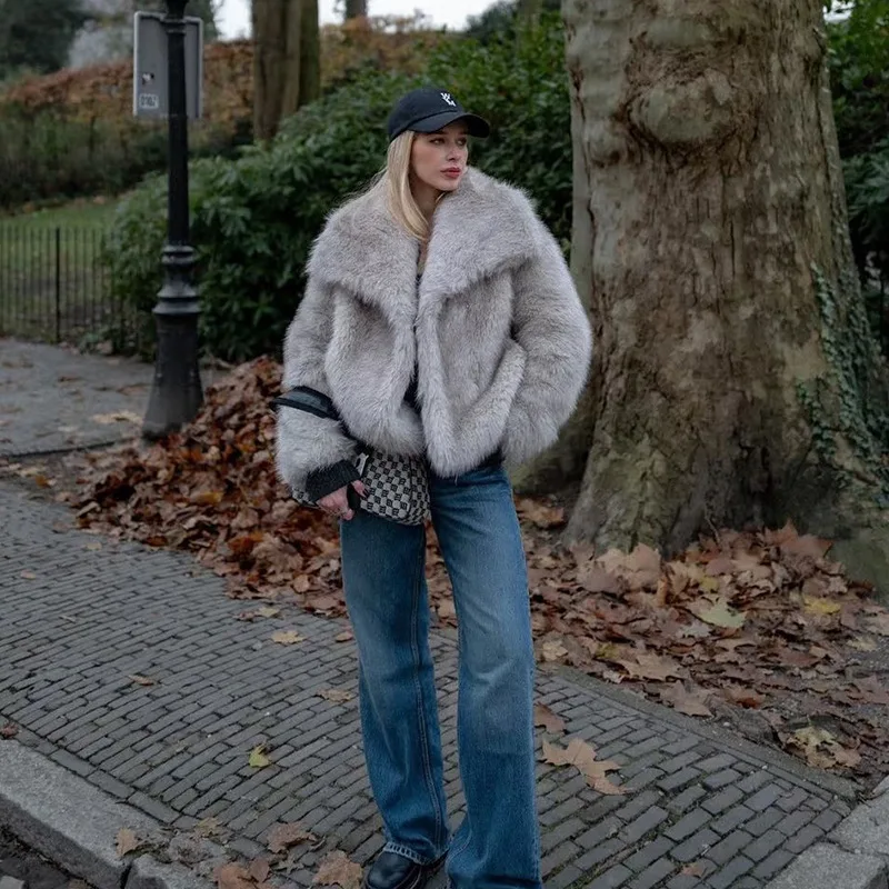 

Short Lapel Faux Fur Jacket Long Sleeves Casual Plush Coatswhite Winter Women's Furry Jackets Solid Fashion Fluffy Outerwears