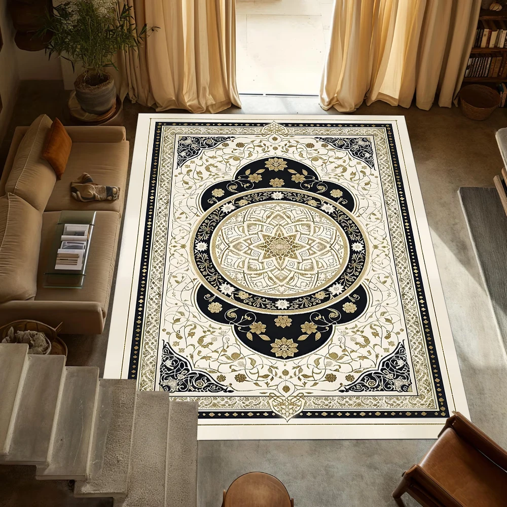 Black White Gold Oriental Area Rug Traditional Floral Medallion Carpet for Living Room Bedroom Home Decor Non-Slip Floor Mat