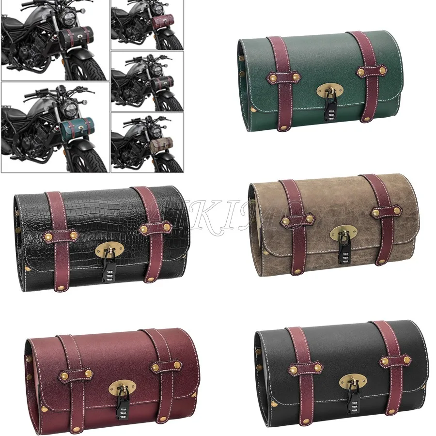 

Motorcycle Bag Saddlebags PU Leather Front Fork Tail Tool Bag Luggage With Password Lock For Harley Bag Bobber Universal