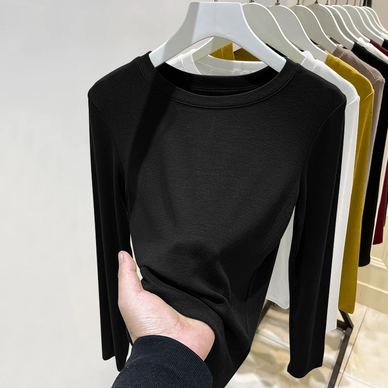 

Женский топ с длинным рукавом и круглым вырезом, в рубчик, модный, брендовый, высококачественный, для ранней осени, для повседневной носки, простой, элегантный.