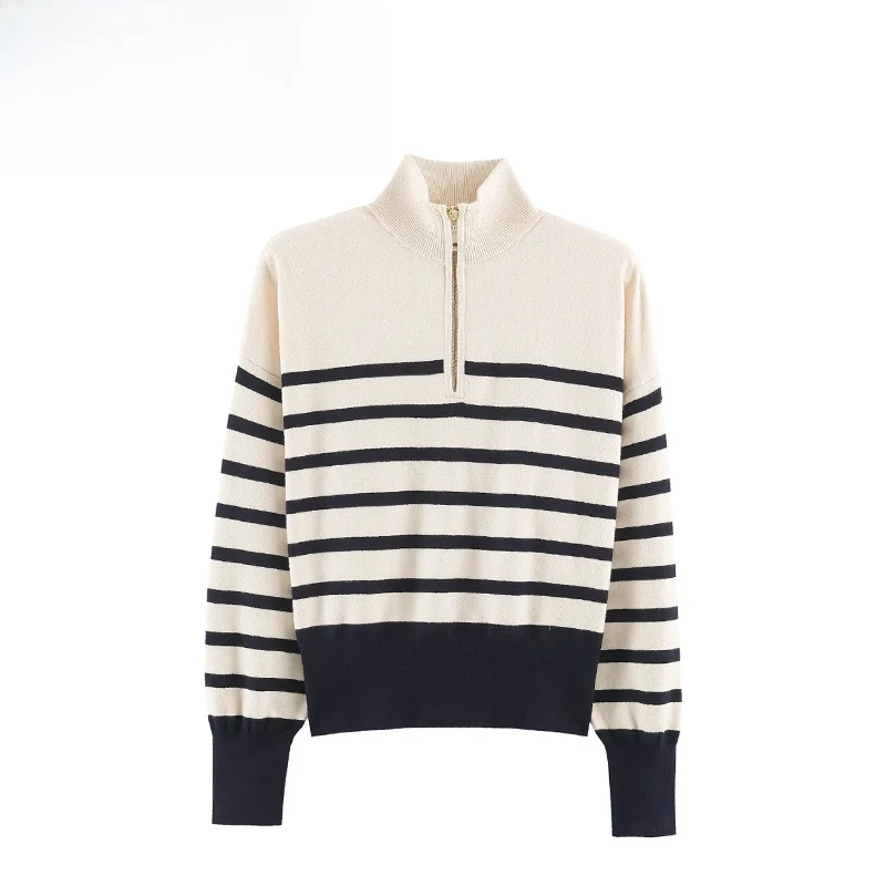 Fashionable Striped Knitwear Zipper Versatile Women's Long Sleeve Standard Fit Polyester T-Shirt European Style Chain Detail