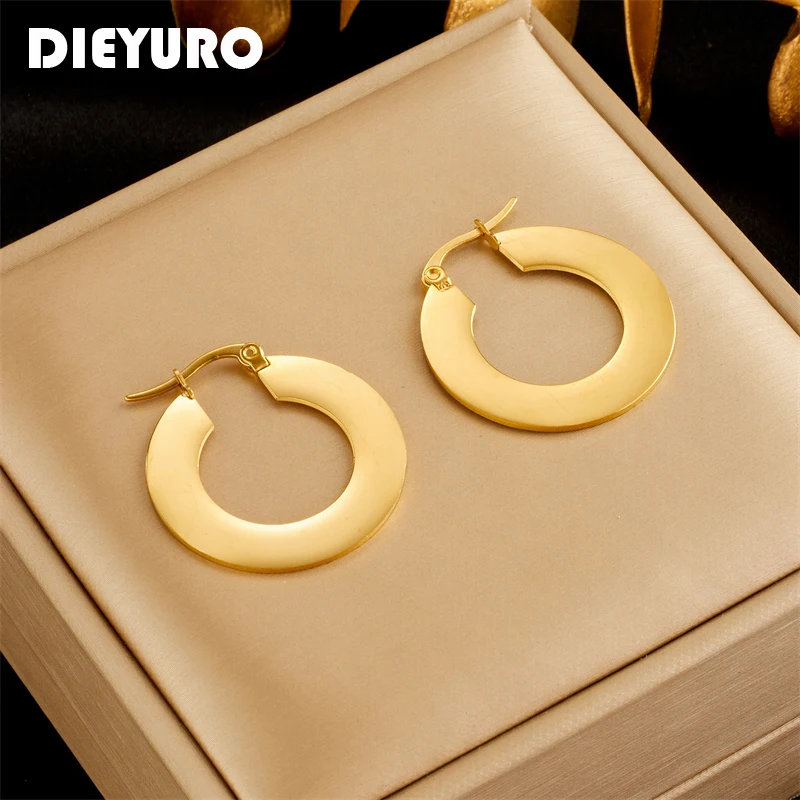 DIEYURO 316L Stainless Steel Gold Color Circle Hoop Earrings For Women Girl Fashion Ear Buckle Non-fading Jewelry Gift Party