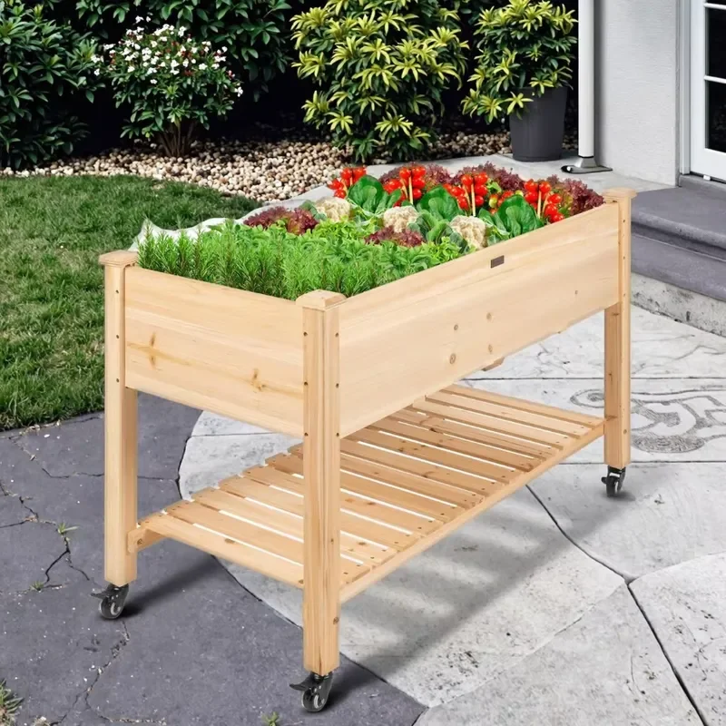 Wooden Elevated Hydroponic Garden Bed Planting Box Lockable Wheels Mobile Storage Eco-friendly Home Outdoor Block
