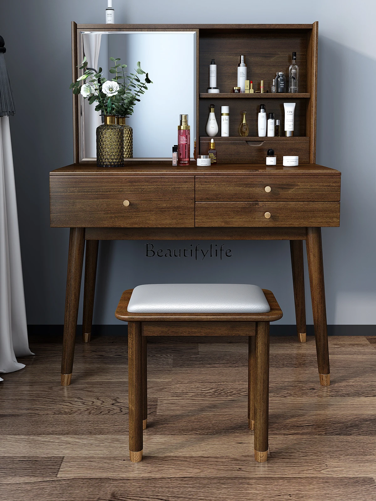 

Nordic Solid Wood Dressing Table Bedroom Small Apartment Modern Simple Multi-Functional Light Luxury Makeup Table