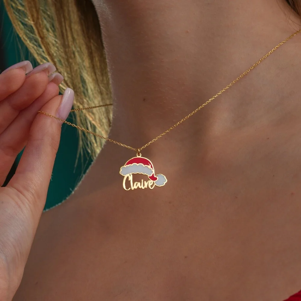 Custom Santa Hat Name Necklace Personalized Nameplate Pendant Christmas Necklace Women Stainless Steel Jewelry Xmas Gift