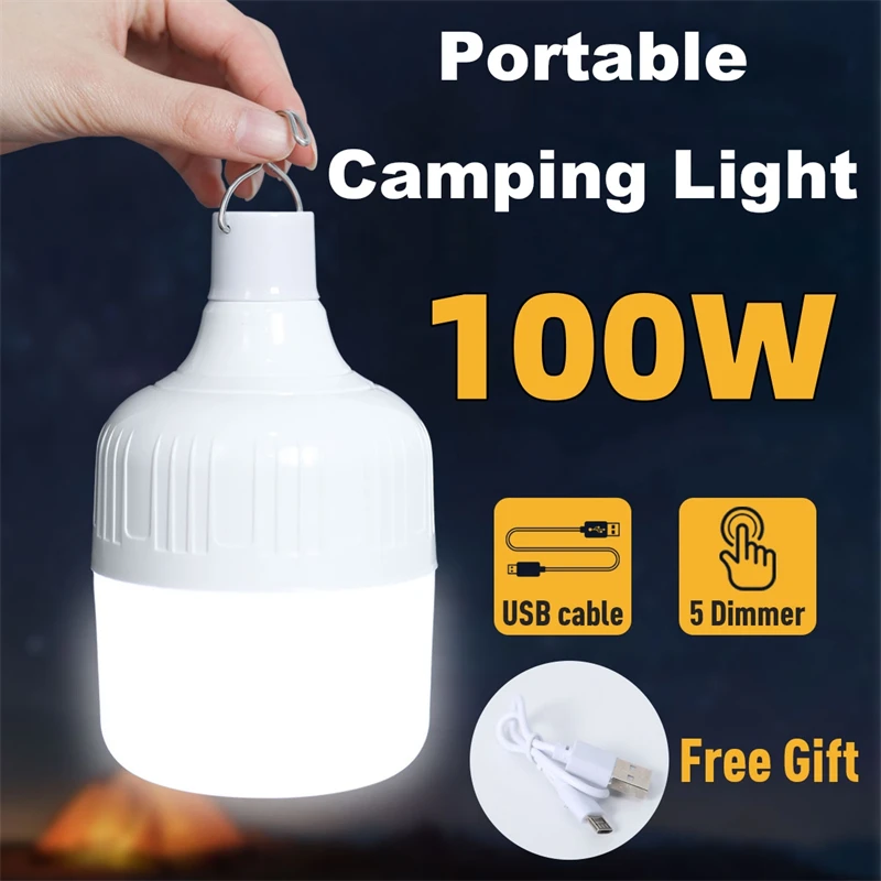 Bombilla LED portátil 7W 20W 40W 80W 100W luz LED de Camping linternas recargables USB lámpara LED para exteriores con gancho iluminación de emergencia