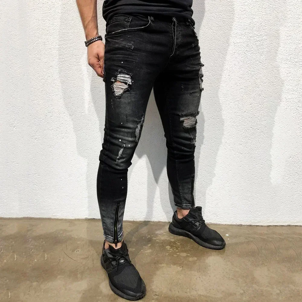 Jeans Men Fashion Street Hole Black Pencil Pants Motorcycle Party Casual Denim Trousers Zipper Cool Design Джинсы Для Мужчин#lr2