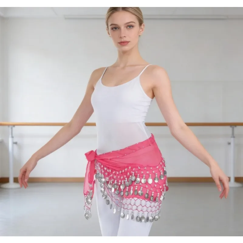 Women Belly Dance Hip Scarf Chiffon Gold Silver Coins Oriental Bellydance Waist Belt Waist Chain Dancing Practice Performance