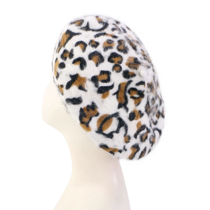 New Rabbit Fur Beret Hats Vintage British Style Leopard Print Painter Cap French Style Beanie hat Lightweight Berets For Women