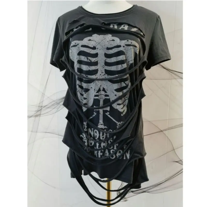 Vintage Subculture Punk Short-Sleeved T-Shirt Retro Spice Girl Skull Loose Skeleton Bones Tees Fake Two Pieces High Stree Tops