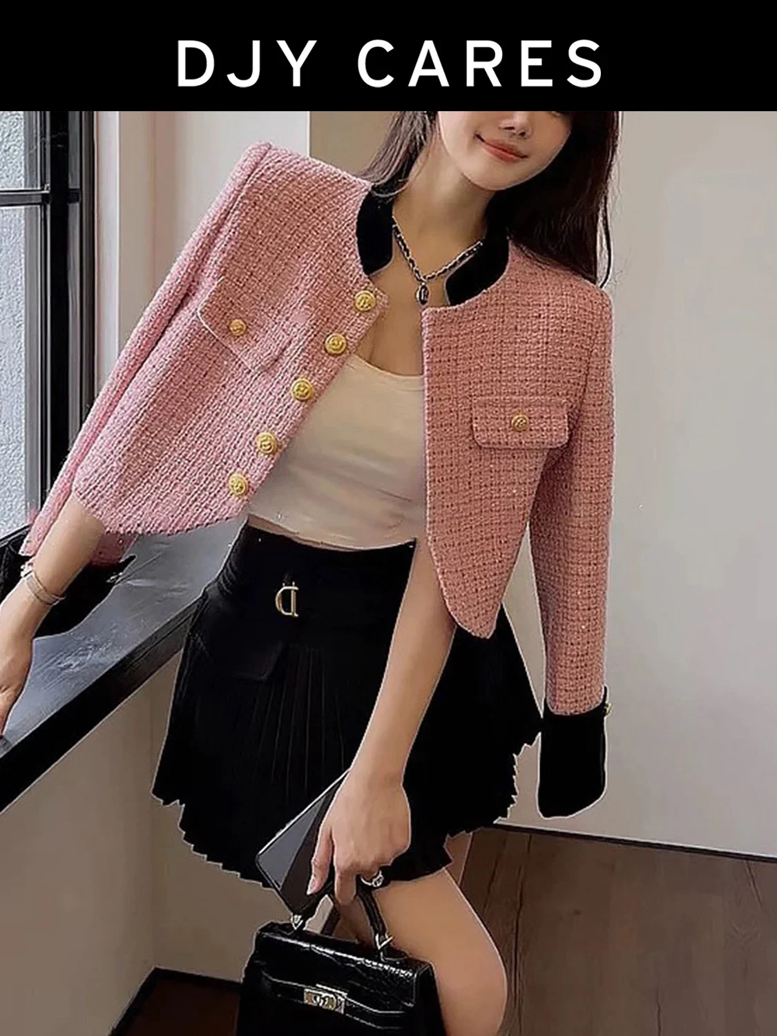 Bold tweed contrasting color splicing pink jacket stand up collar short top