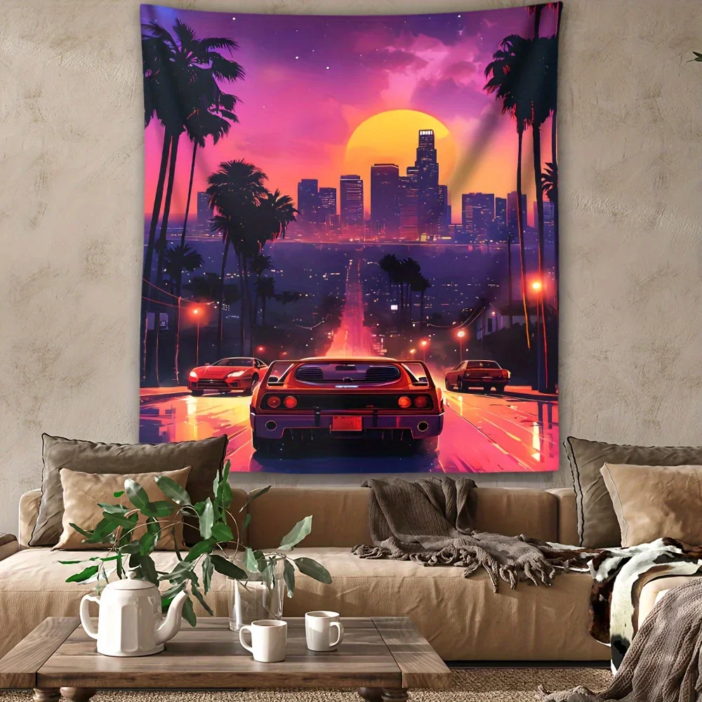 Retro Synthwave LA Sunset Sports Car Tapestry, 80s Vaporwave Cityscape Wall Hanging, Aesthetic Room Decor suitable offices bars