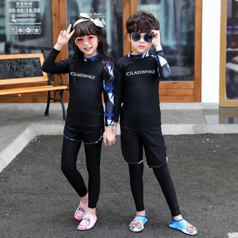 3 Pieces Girls Split Diving Suit UV Sun Protection Long Sleeve Rashguard Set Quick Dry Full Leg Swim Pants Kids Beach Swimsuit
