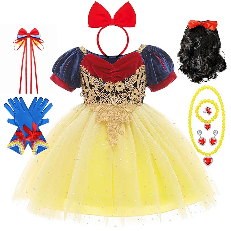 

Girls Snow White Sequin Mesh Gown Kids Cosplay Princess Dress Birthday Gift Toddler Carnival Halloween Party Costume