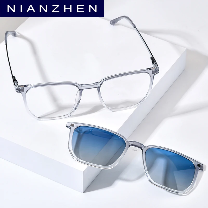 NIANZHEN TR90 Alloy Eyeglasses Frame Men Square Magnet Clip Glasses Gradient Polarized Sun Lens Women Ultralight Eyewear 2181