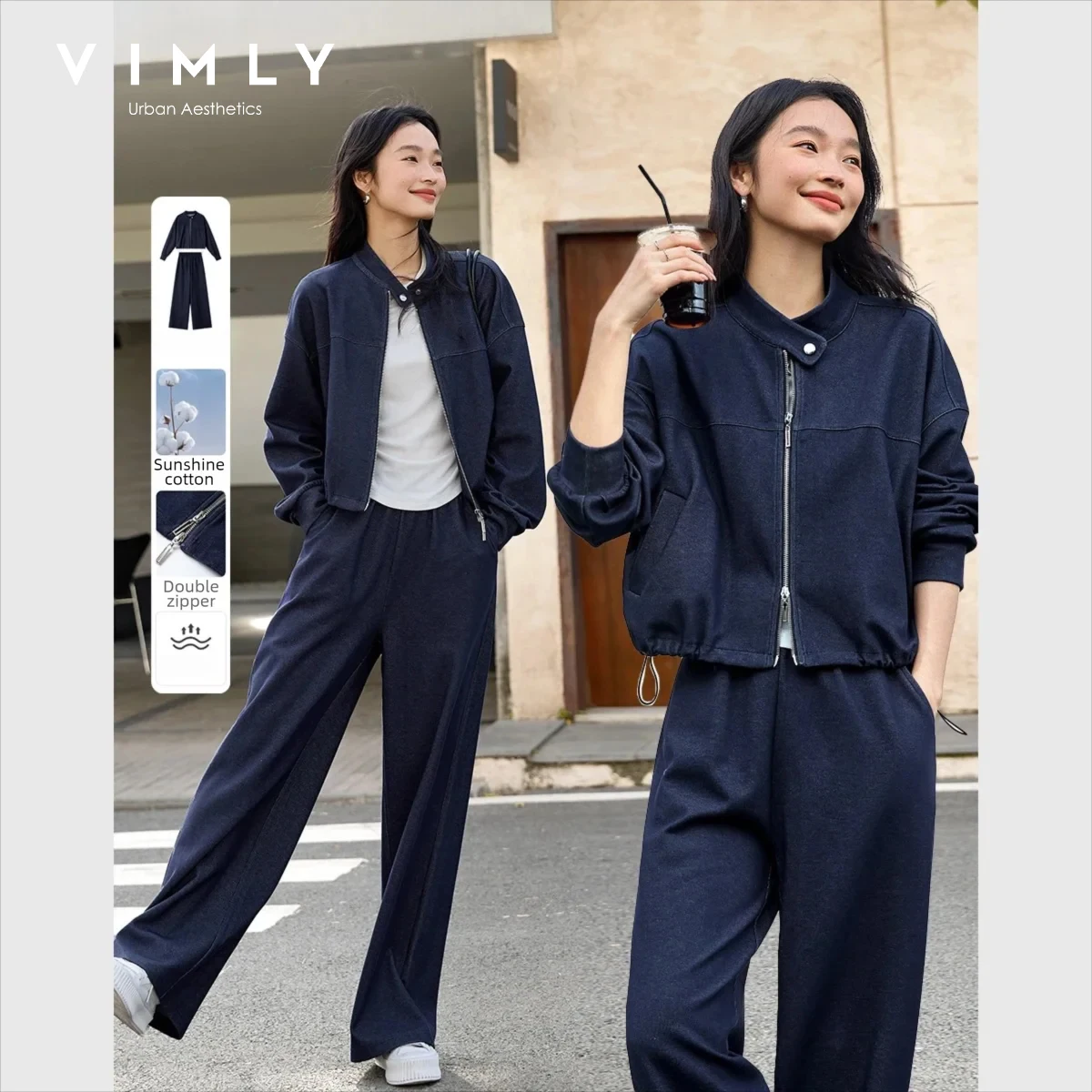 VIMLY 2 Piece Pant Set Woman Casual Outfits Women's Pant Suit 2026 Blue Stand-up Collar Jacket and Trouser Female Clothing A0119