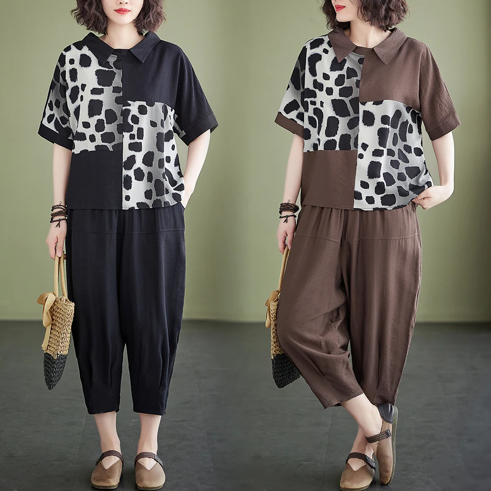 Lässige Baumwoll-Leinen-Hose mit weitem Bein, Sommer-Outfit für Damen, zweiteiliges Set, lockere Passform, künstlerisches SLE-Plus-Size-Top und Bot