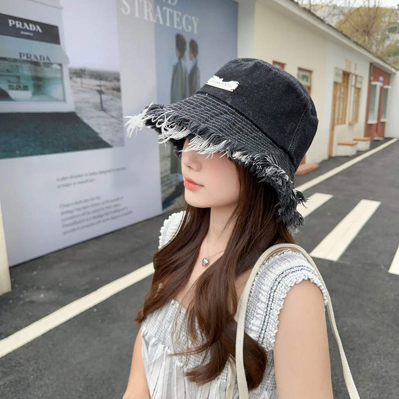 Fashion Rough Edge Ripped Denim Fisherman Hats Summer Women\'s Washed Old Bucket Hat Outdoor Ladies Big Eaves Sunshade Cap