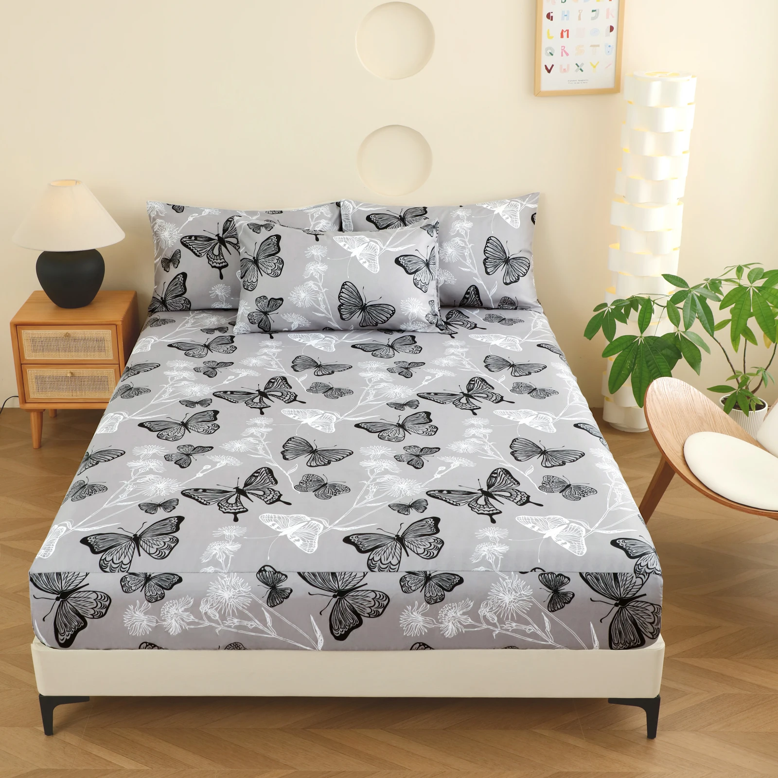 Butterfly Print Fitted Sheet 1-Piece Mattress Cover (Pillowcase Not Included) Multi-Color Polyester Fiber Rectangular Three-Dimensional Dirt-Proof Mattress Protector Polyester Five-Sided Wrap-Around Fitted Sheet Suitable for Bedroom, Dormitory, Guest Room, Homestay, All-Season Use, Machine Washable