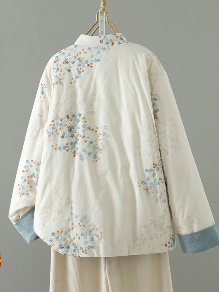 Thickened Pure Cotton Floral Print Jacket Women's Winter Handmade Cotton Padded Stand Collar Double-Sided Wear Outerwear