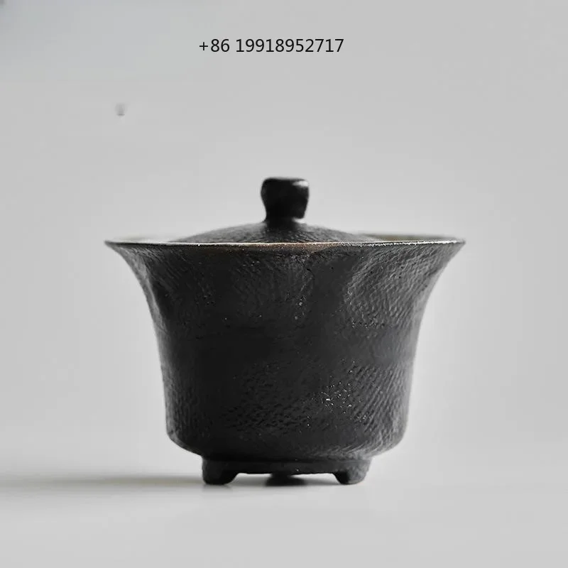 130ml Black Lacquer Coarse Pottery Gaiwan Handmade Three Legged Tea Tureen Tea Making Cover Bowl for Kung Fu Tea Collection Gift