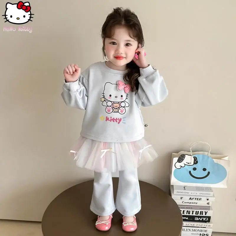 

2Pcs Kawaii Girls Sanrio Pullover Hello Kitty Autumn New Anime Cartoon Fashion Sweet Casual Sweatshirt Pants Set Comfort Tops