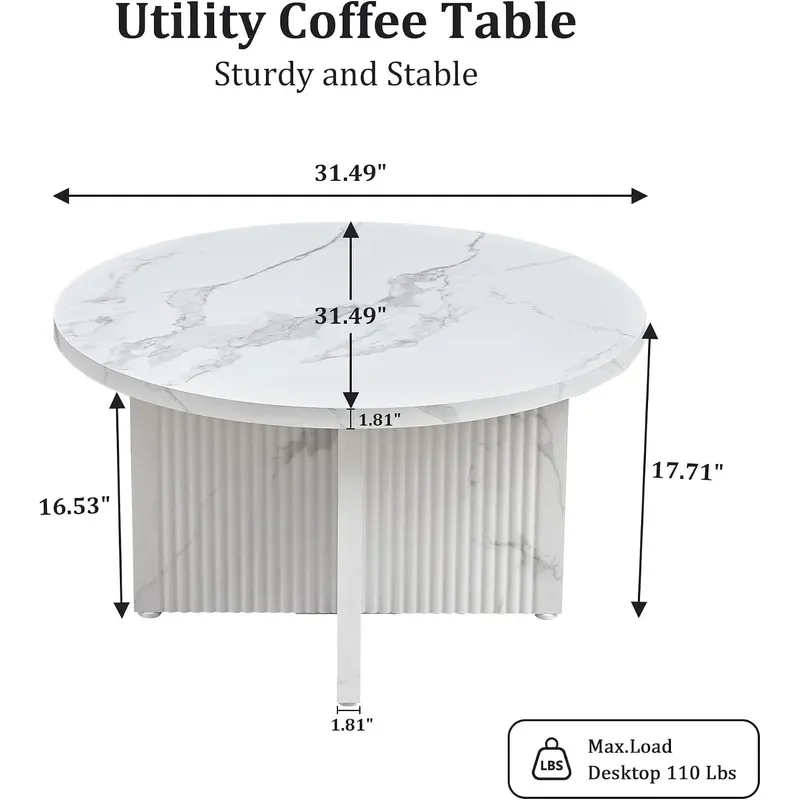 31.5 Round Coffee Table with Marble-Look Pattern Top Modern Circular Table with Scalloped Fluted Base Sturdy High-Density MDF