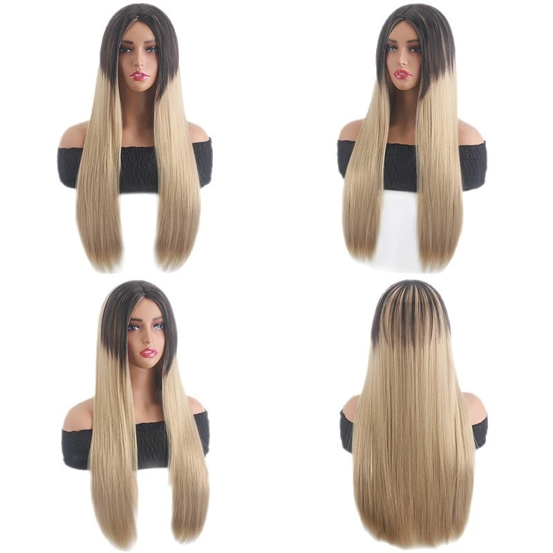 New European American style wig, black brown color combination, middle-parted long straight hair, fashionable and elegan