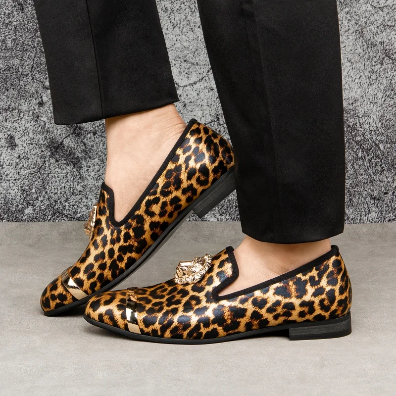 Men Leopard Print Loafers Slip-On Smoking Shoes Casual Formal Dress Shoes for Men Party Nightclub Footwear Big Size 38-48