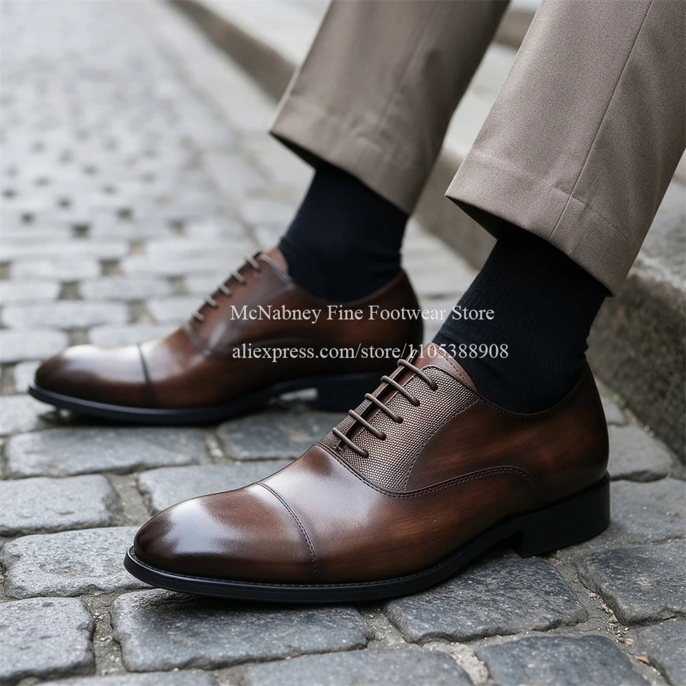 Brown Burnished Leather Cap Toe Oxford Shoes Lace up Mesh Texture Handmade Vintage Elegant Business Formal Dress Shoes for Men