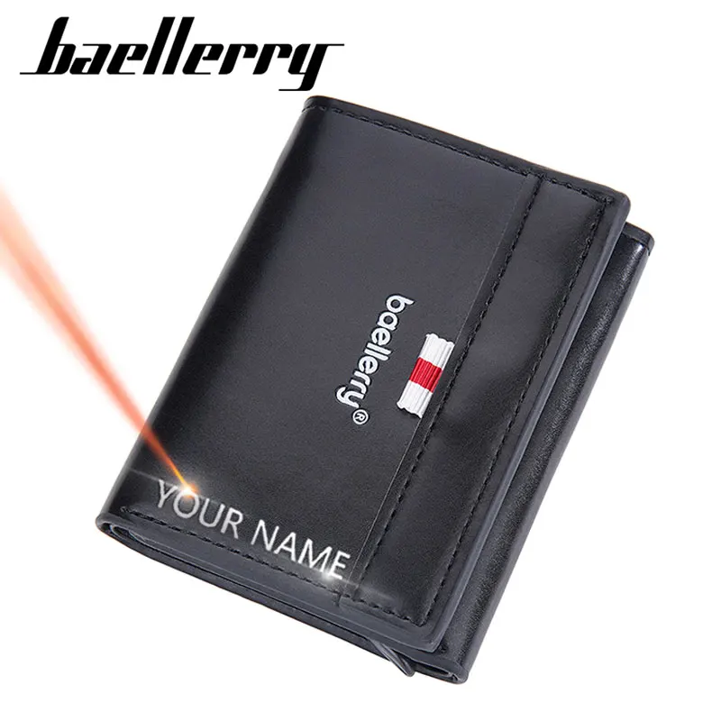 

Baellerry RFID New Short Men Wallets Slim Card Holder Free Name Engraving Popup Male Purse Card Clips Photo Holder Men's Wallet