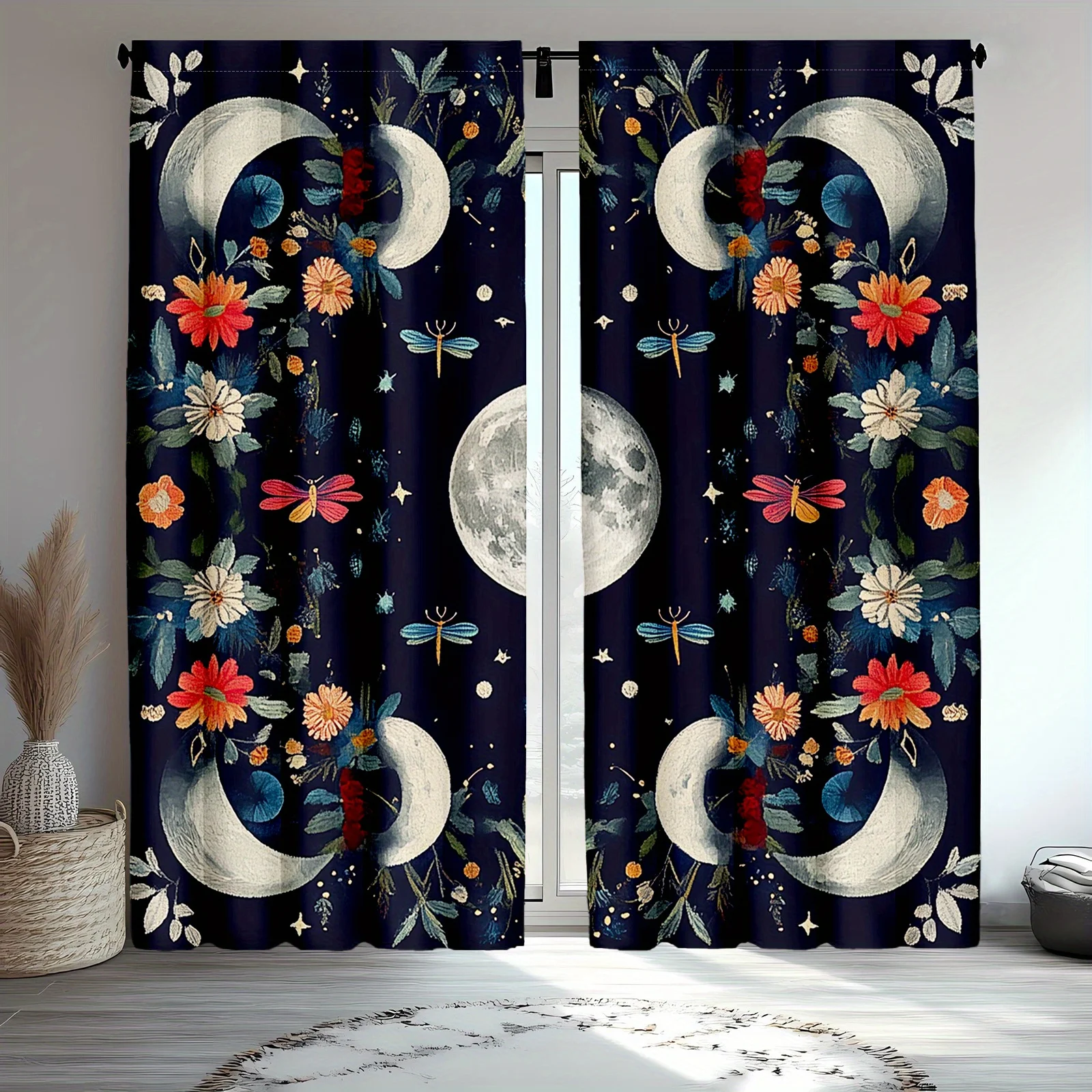 

2 шт. шторы с вышивкой в стиле бохо Moonlit — яркий цветочный и небесный дизайн с бабочками, стрекозами и звездами, полиэстер Ro