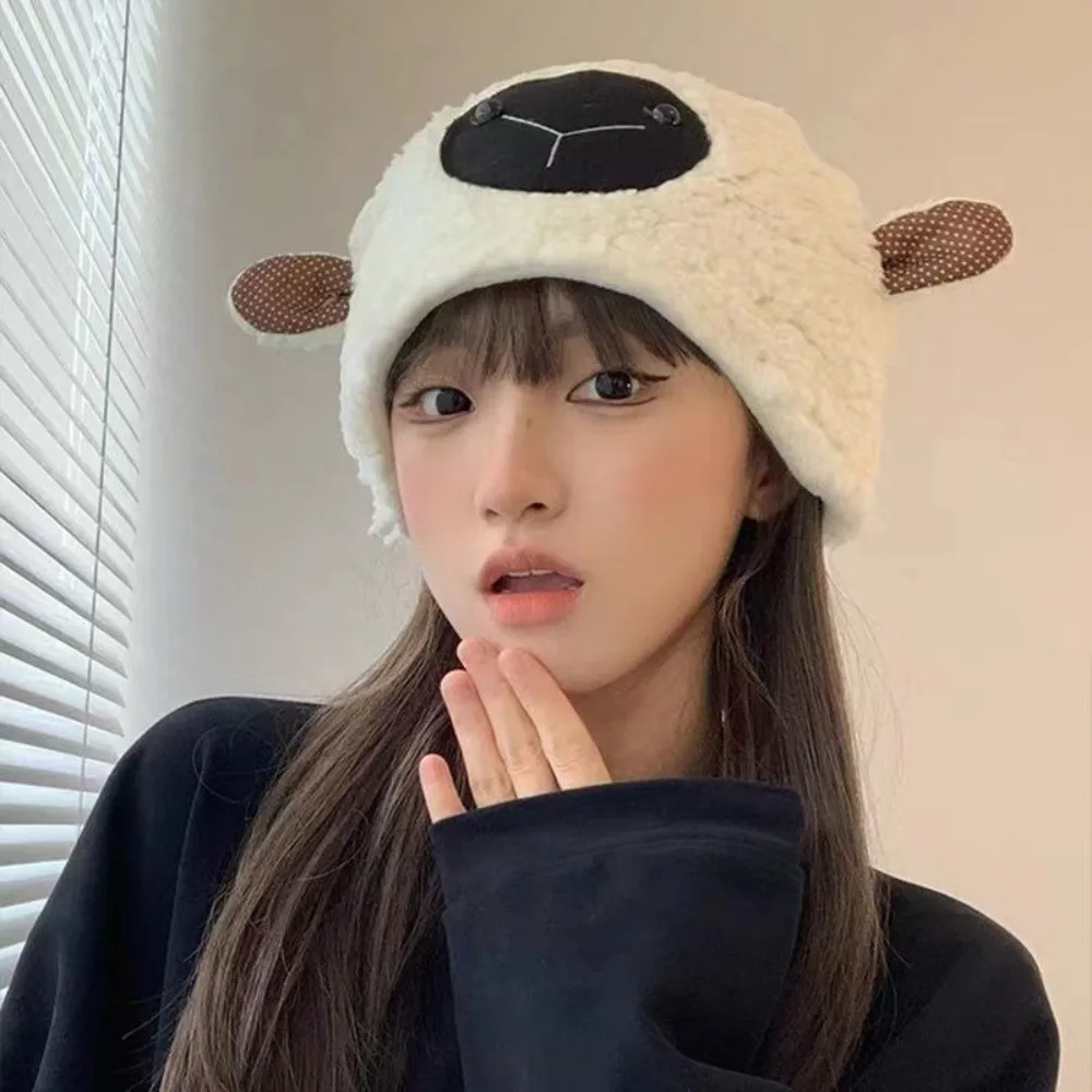 Casual Warm Winter Bucket Hat Fleece Lined Little Lamb Fluffy Costume Hat Cute Cartoon Beanie Cap for Women