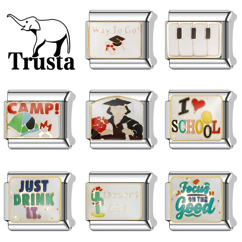 Trusta 2024 Love Learn Camp Charm Italian Links 9mm Bracelet Stainless Steel for Women DIY Making Jewelry  Wholesale N353